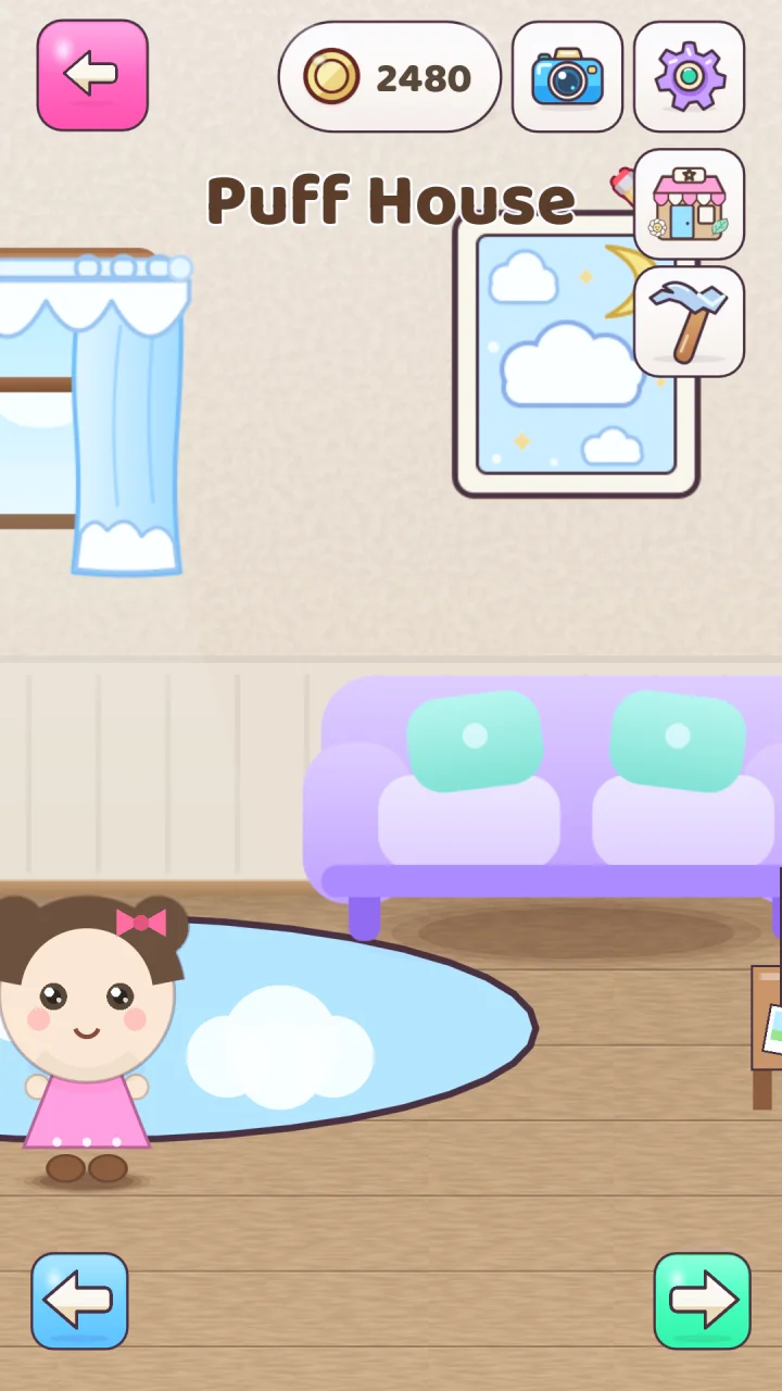 Living room decorated with the Cloudy Set: cloud sofa, rug, curtain and poster