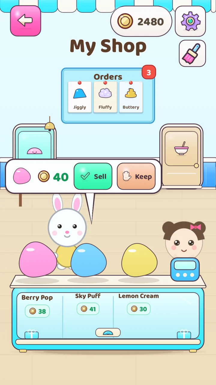 A bunny customer offers 40 coins with Sell and Keep buttons