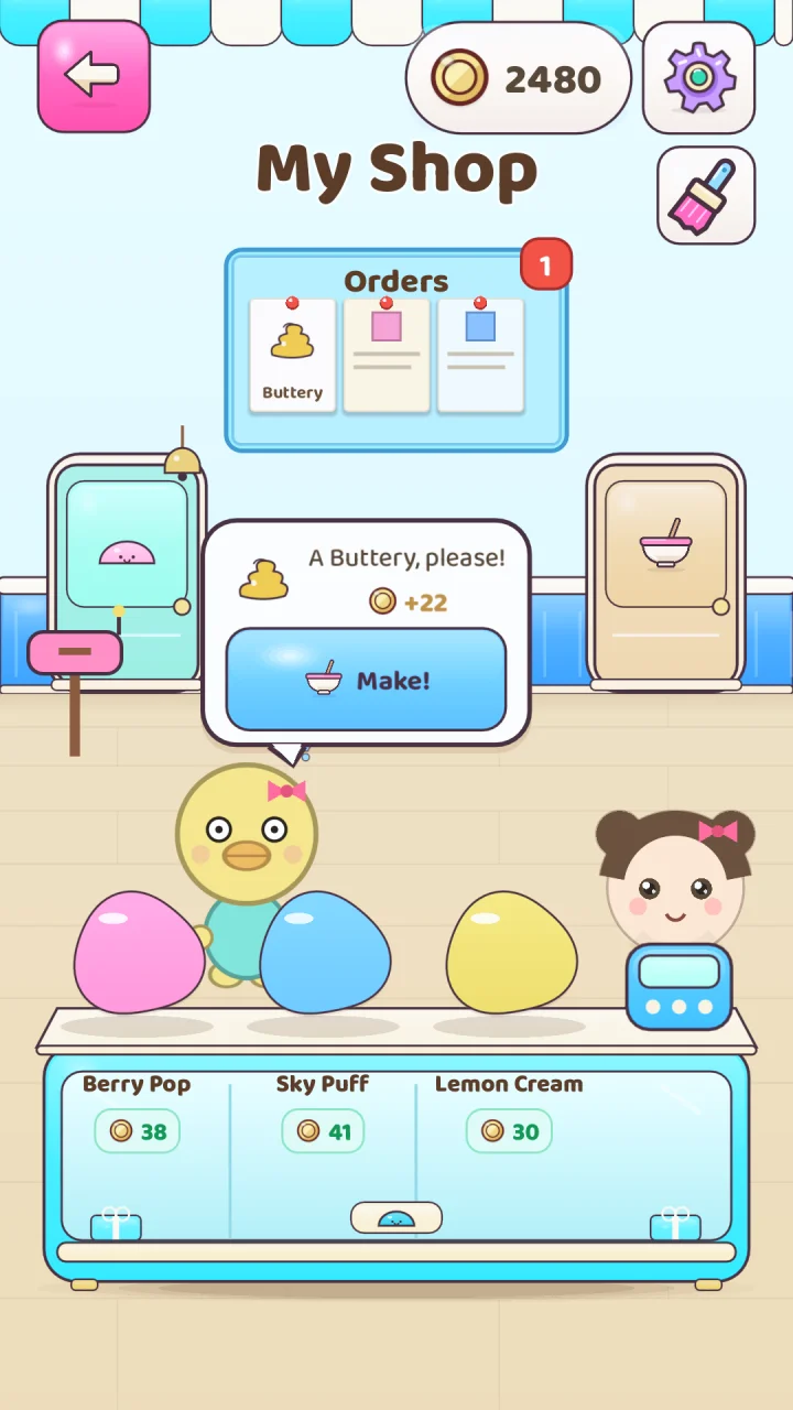 A duck customer asks for a Buttery slime in the shop